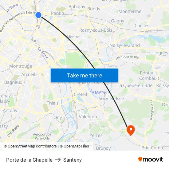 Porte de la Chapelle to Santeny map