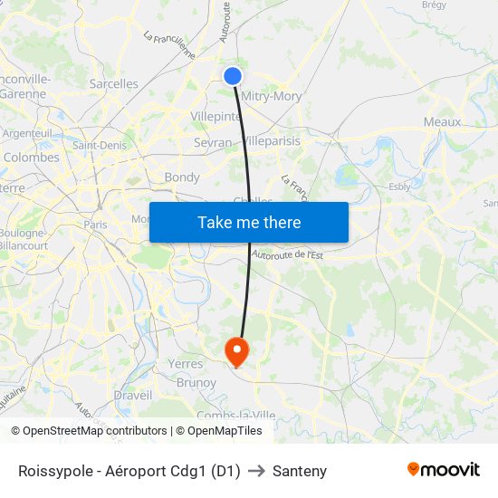 Roissypole - Aéroport Cdg1 (D1) to Santeny map