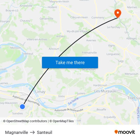 Magnanville to Santeuil map