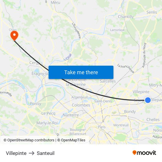 Villepinte to Santeuil map