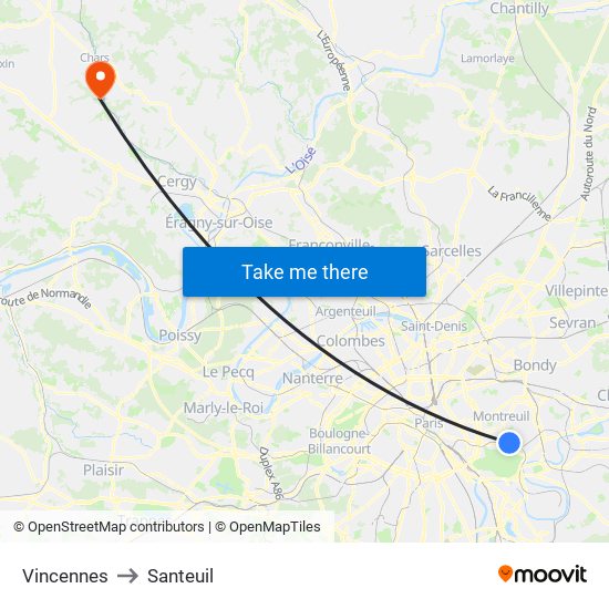 Vincennes to Santeuil map