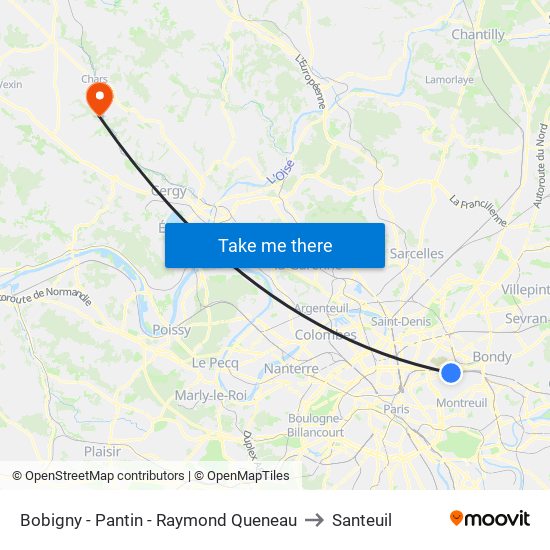 Bobigny - Pantin - Raymond Queneau to Santeuil map