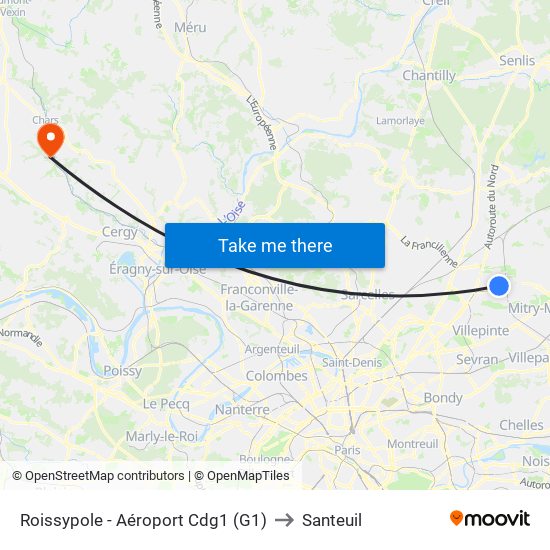 Roissypole - Aéroport Cdg1 (G1) to Santeuil map