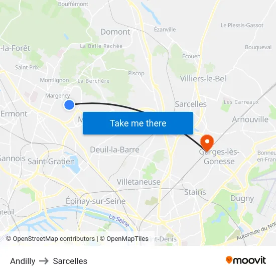 Andilly to Sarcelles map