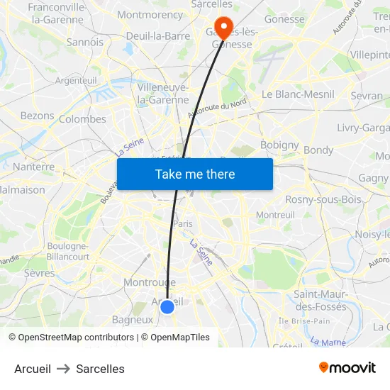Arcueil to Sarcelles map