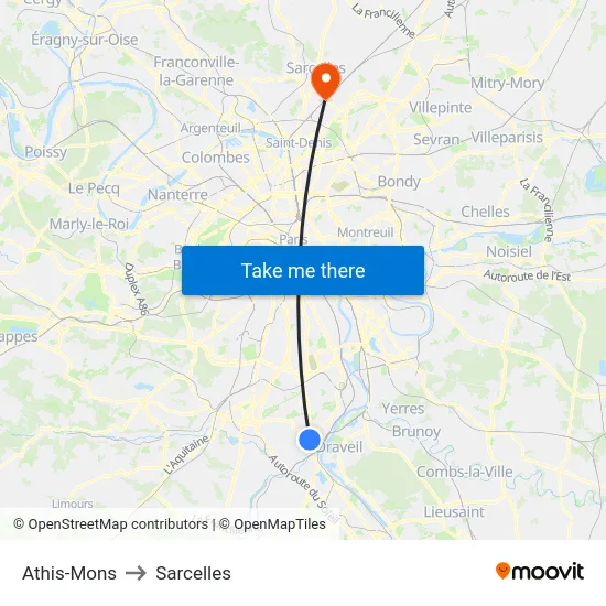 Athis-Mons to Sarcelles map