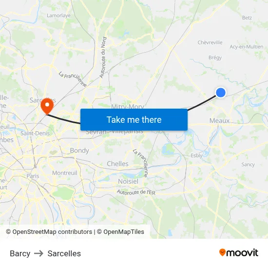 Barcy to Sarcelles map