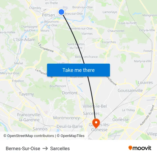 Bernes-Sur-Oise to Sarcelles map