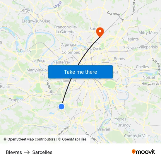 Bievres to Sarcelles map