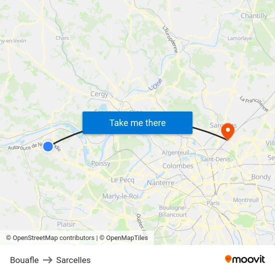Bouafle to Sarcelles map