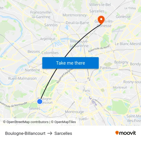 Boulogne-Billancourt to Sarcelles map