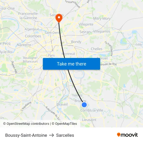 Boussy-Saint-Antoine to Sarcelles map