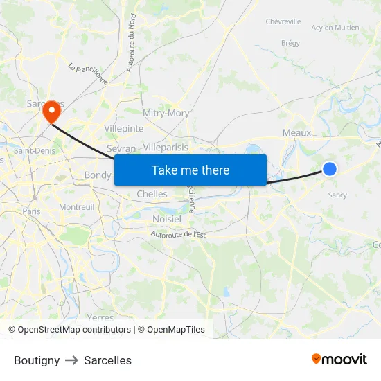 Boutigny to Sarcelles map