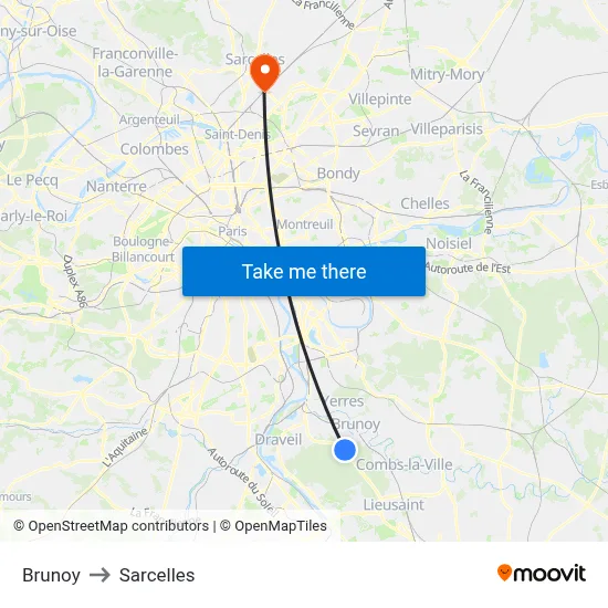 Brunoy to Sarcelles map