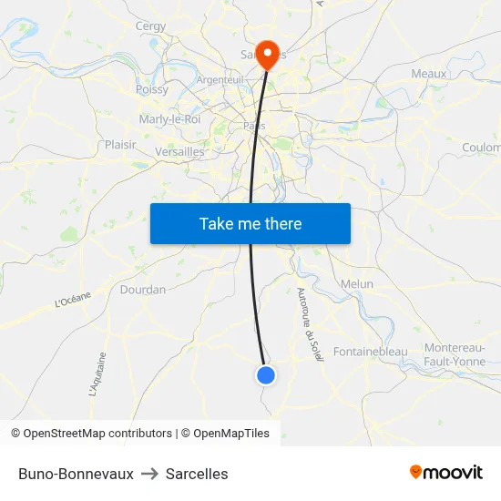 Buno-Bonnevaux to Sarcelles map