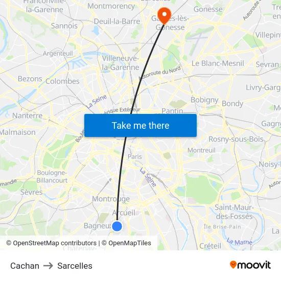 Cachan to Sarcelles map