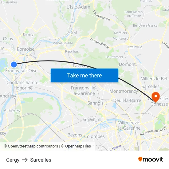Cergy to Sarcelles map