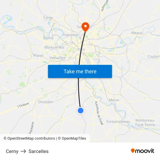 Cerny to Sarcelles map