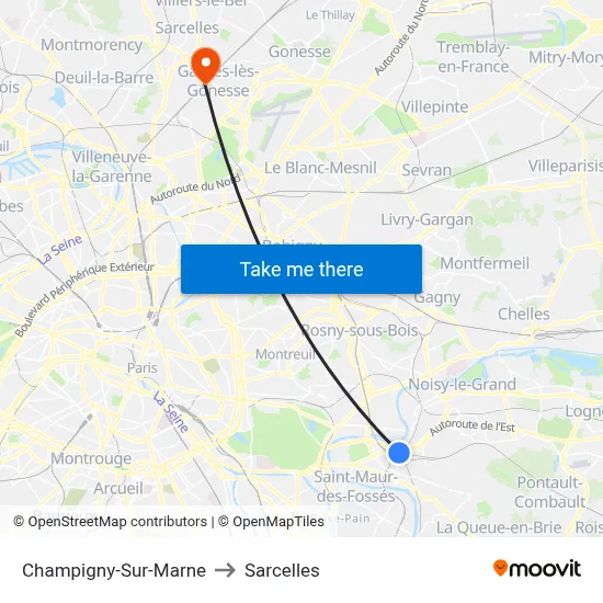 Champigny-Sur-Marne to Sarcelles map