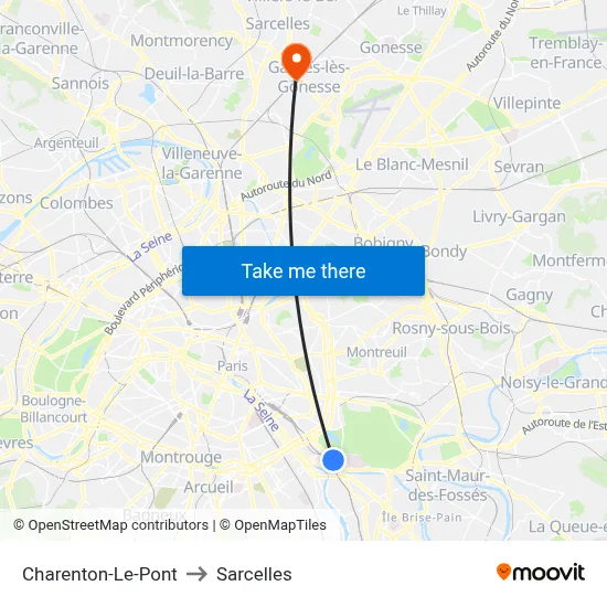 Charenton-Le-Pont to Sarcelles map