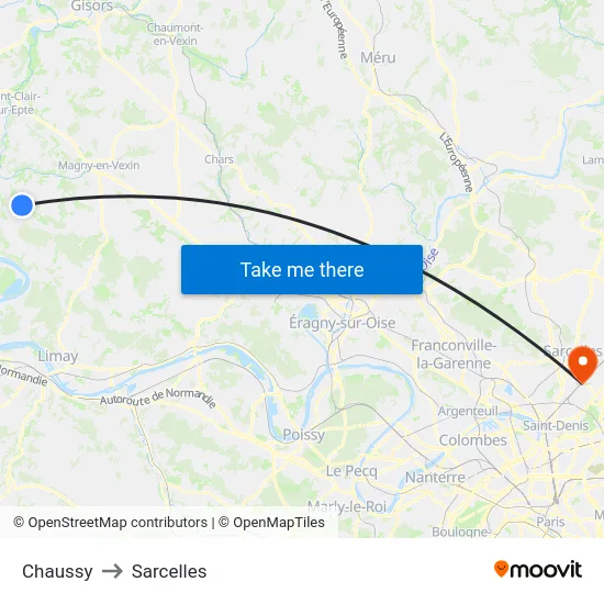 Chaussy to Sarcelles map