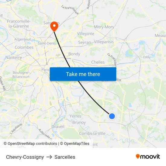 Chevry-Cossigny to Sarcelles map
