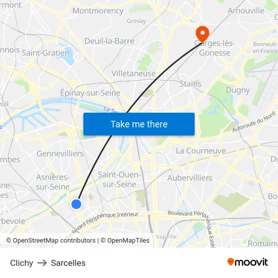 Clichy to Sarcelles map