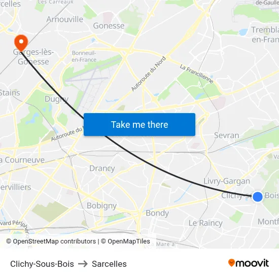 Clichy-Sous-Bois to Sarcelles map