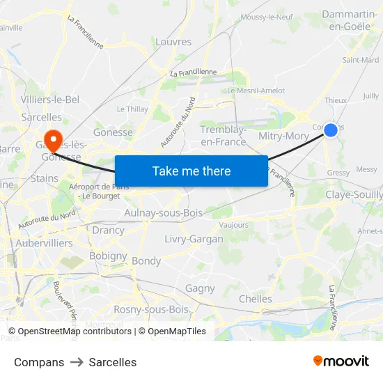 Compans to Sarcelles map