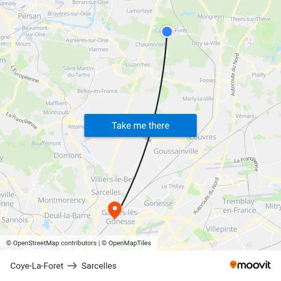 Coye-La-Foret to Sarcelles map
