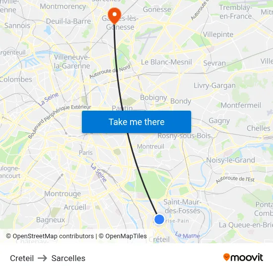 Creteil to Sarcelles map