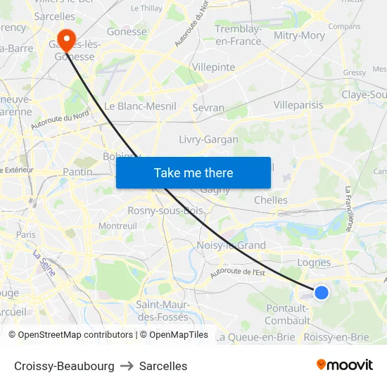 Croissy-Beaubourg to Sarcelles map