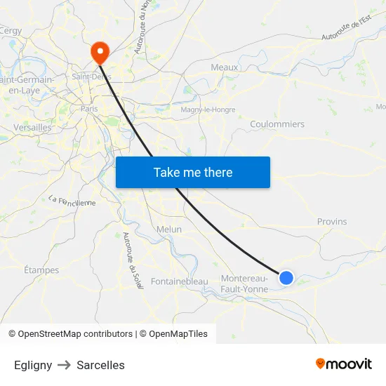 Egligny to Sarcelles map