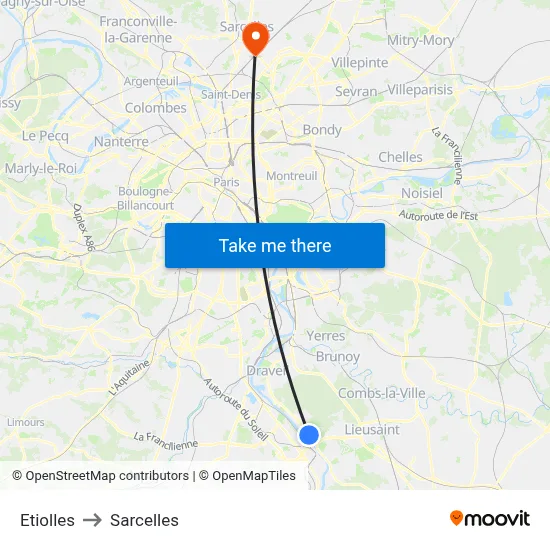 Etiolles to Sarcelles map