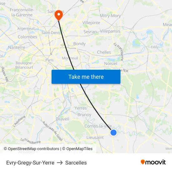 Evry-Gregy-Sur-Yerre to Sarcelles map