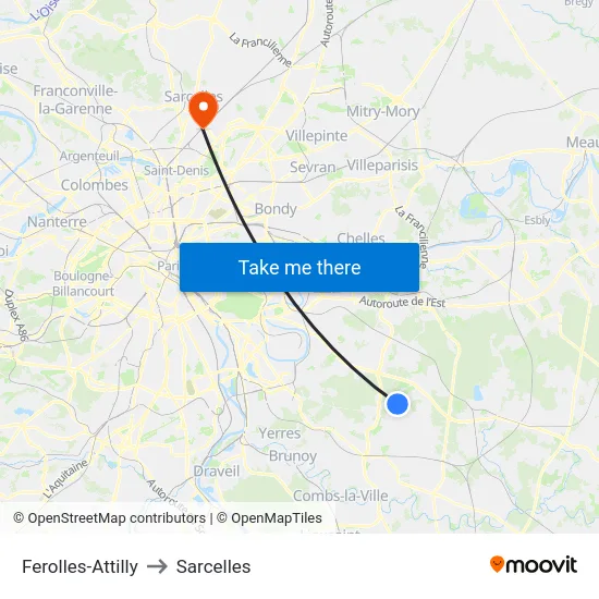 Ferolles-Attilly to Sarcelles map