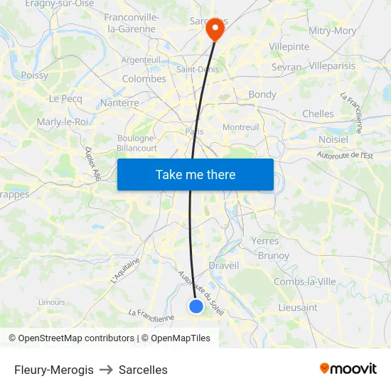 Fleury-Merogis to Sarcelles map