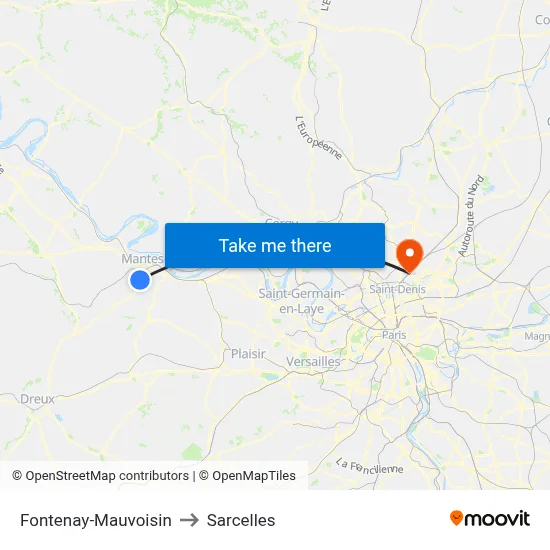 Fontenay-Mauvoisin to Sarcelles map