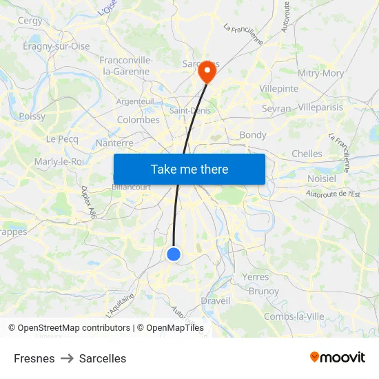 Fresnes to Sarcelles map