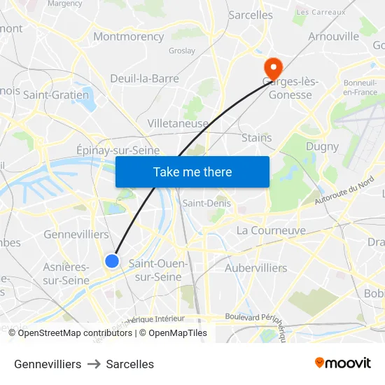 Gennevilliers to Sarcelles map