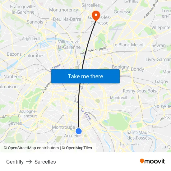 Gentilly to Sarcelles map
