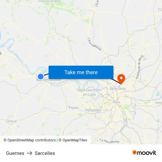 Guernes to Sarcelles map