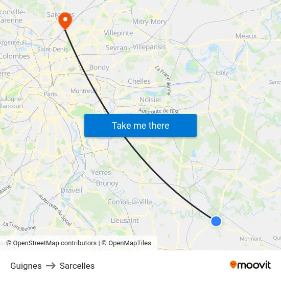 Guignes to Sarcelles map