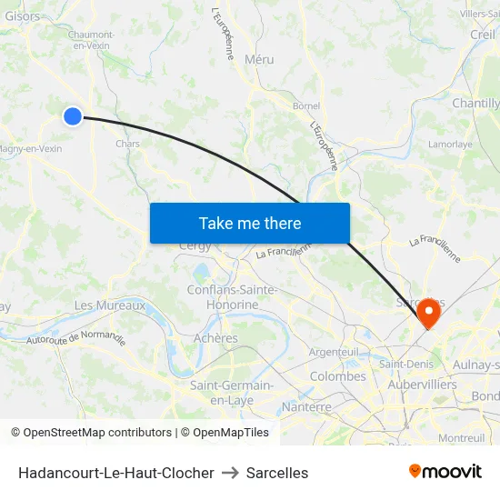 Hadancourt-Le-Haut-Clocher to Sarcelles map