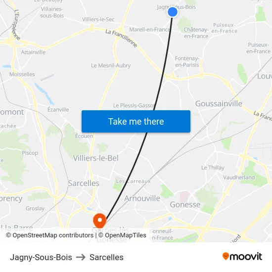 Jagny-Sous-Bois to Sarcelles map