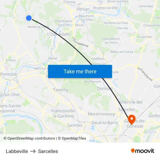 Labbeville to Sarcelles map