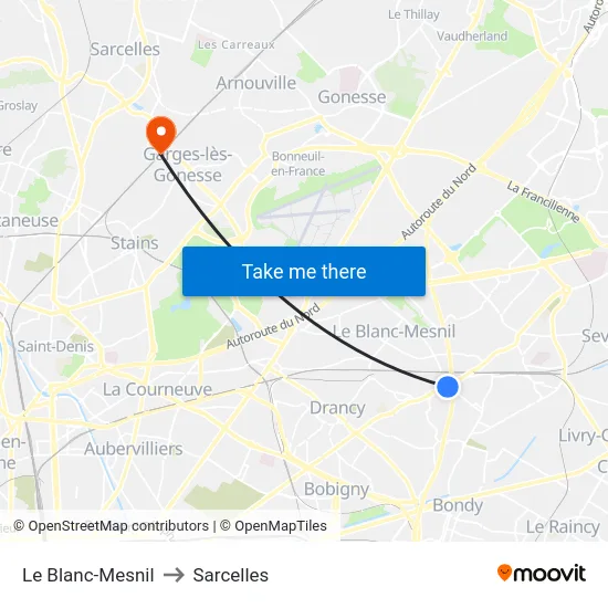 Le Blanc-Mesnil to Sarcelles map