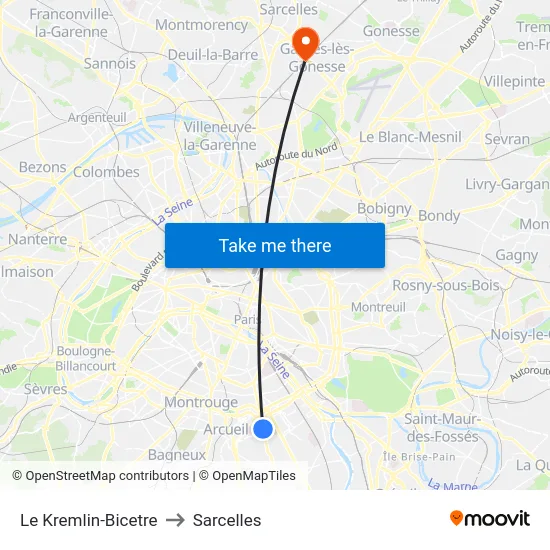 Le Kremlin-Bicetre to Sarcelles map