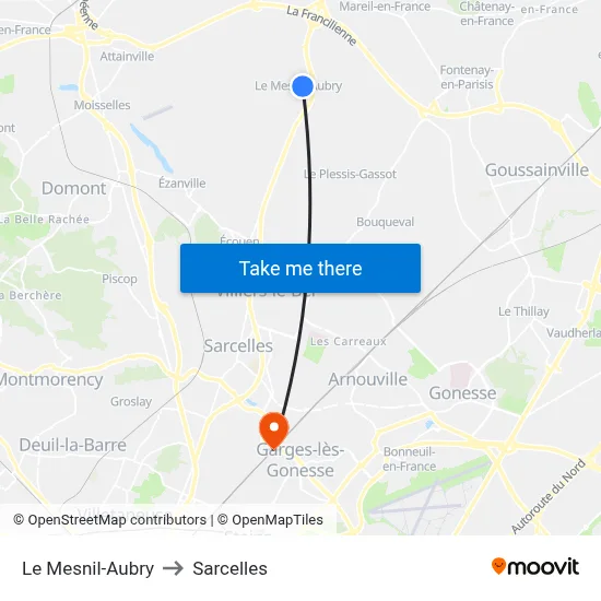 Le Mesnil-Aubry to Sarcelles map