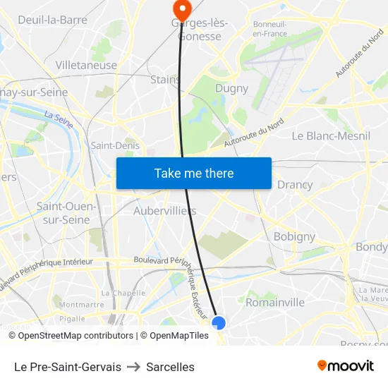Le Pre-Saint-Gervais to Sarcelles map